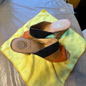 Vince Camuto Black and Brown Leather Mules